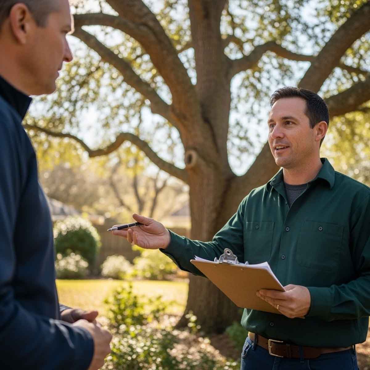 arborist-speaking-with-homeowner Arborist consultation | Stephenson Tree Care